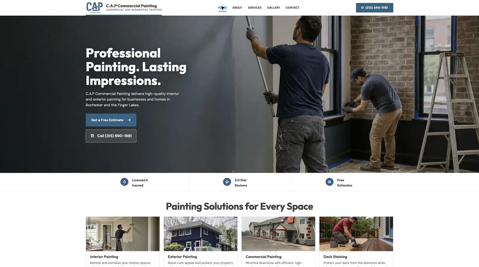 CAP homepage with painting crew photography, estimate and call actions, and service cards.