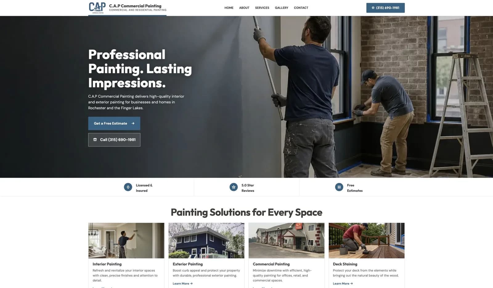 CAP Commercial Painting homepage with painting crew photography and estimate and call buttons.