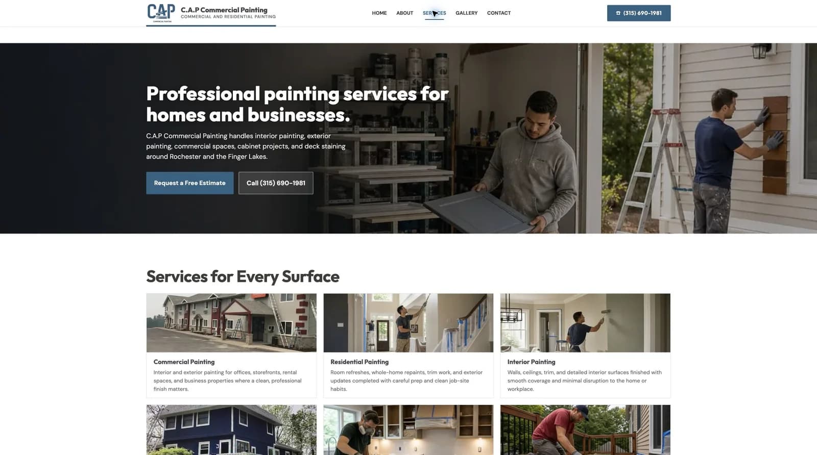 CAP services page with painting photography, an estimate action and service descriptions.