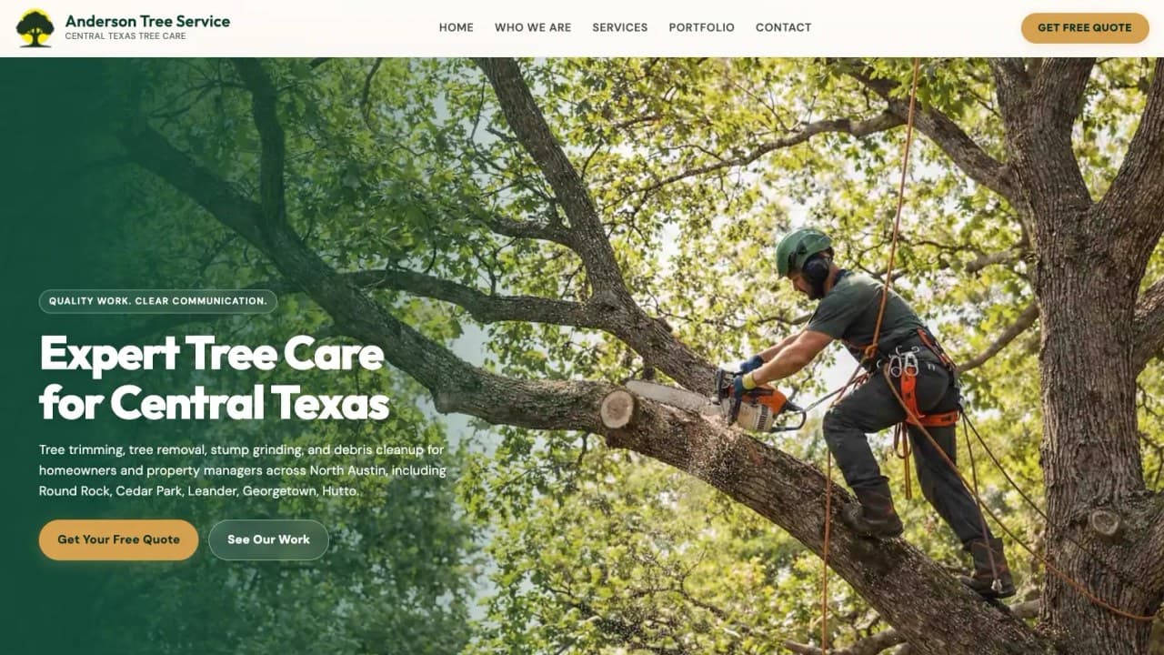 Redesigned Anderson Tree Service homepage with an arborist hero image and clear quote actions.