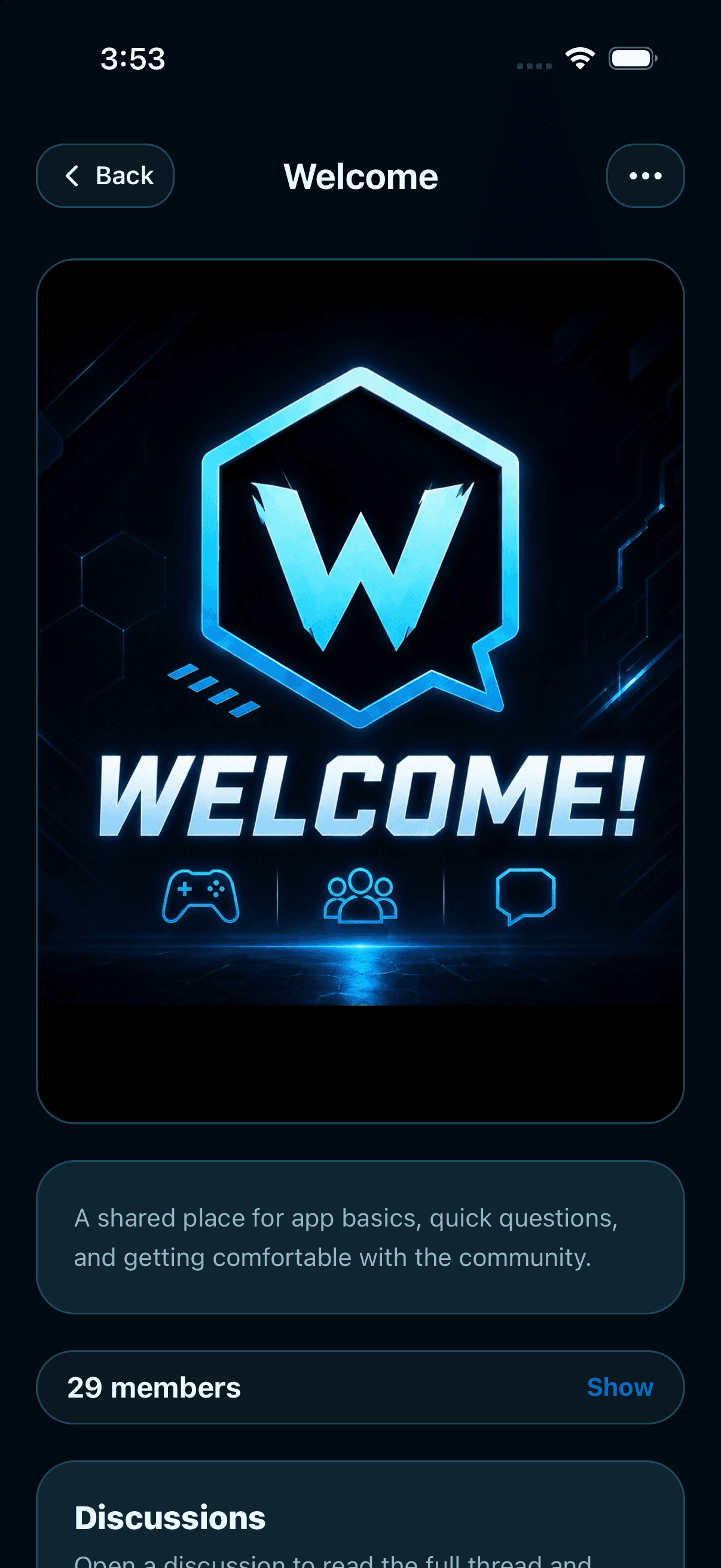 WutaChat welcome group with cover artwork and a community introduction.