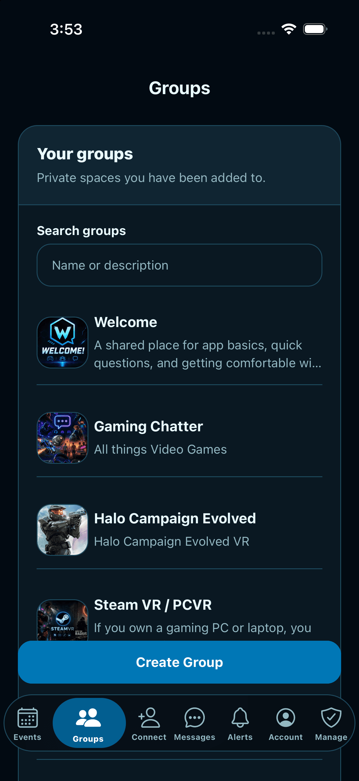 WutaChat private group list with cover artwork and group search.