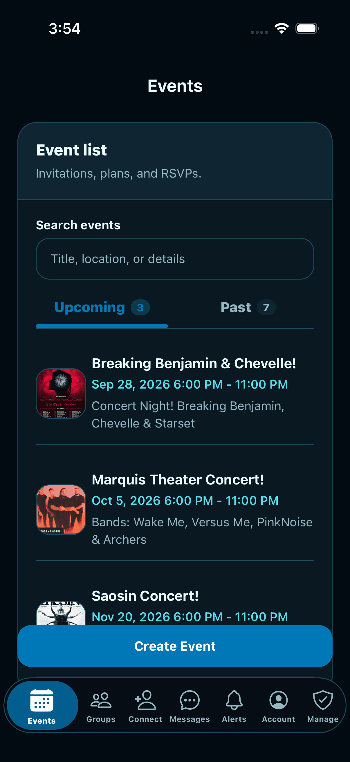 WutaChat event list with cover images, dates and event search.